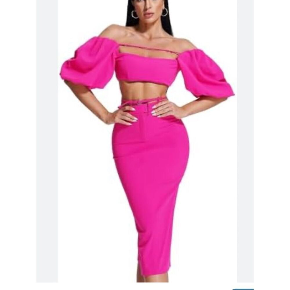 Zara Hot Pink Pencil Midi Skirt & Cropped  Set- Top S Skirt M NWT